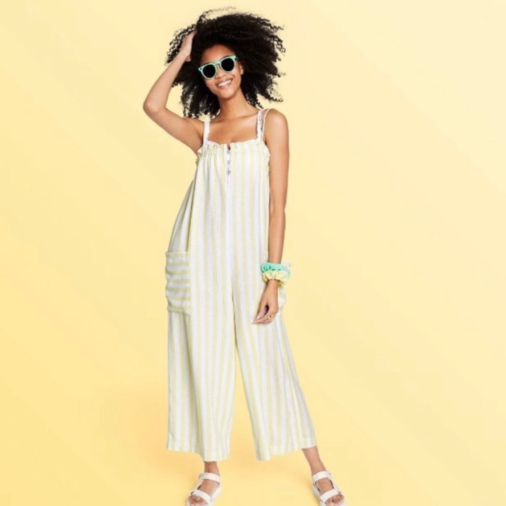 NWT NEW Stoney Clover Lane x Target striped jumpsuit yellow white linen size XS